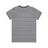 A black and white striped t-shirt with short sleeves and a crew neckline, featuring a logo on the back.