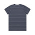 A navy and white striped T-shirt featuring a back view. Includes a branding logo.