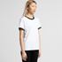 A white t-shirt with black ringer trim, featuring a simple and classic design, displayed on a model.