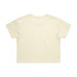 A light cream crop t-shirt featuring a simple design and relaxed fit, with a logo on the back.