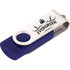 A USB drive featuring a blue and silver design with a branding logo.