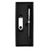 A black pen and silver USB drive are presented in a black gift box with a sleek design.
