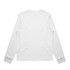 A long-sleeve white T-shirt with grey cuffs. The back view is displayed, featuring a simple design and no graphics.