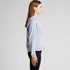 A grey sweater is displayed from the side, featuring a simple design and long sleeves. It has a branding logo.