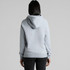 A grey hoodie with a hood, featuring a logo, viewed from the back on a model.