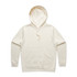 A cream-coloured hoodie featuring a front pocket and an adjustable hood. It has a logo present.