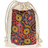 A drawstring bag featuring Aboriginal art with vibrant red, yellow, and black patterns.