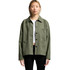 An olive green chore jacket featuring a collared neckline and front pockets, worn by a model.