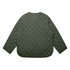 A green quilted jacket with a round neckline and long sleeves, featuring a diamond pattern. It has a logo on the back.