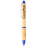 A blue and bamboo pen with a branding logo on the barrel, featuring a click mechanism and a transparent clip.