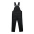 Black canvas overalls with adjustable straps and multiple pockets. Features a logo on the back.