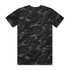 A black and grey camo-patterned t-shirt featuring a back view. It has a branding logo on it.