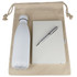 A drink bottle, beige cotton drawstring bag, white journal, and silver pen. The set has a logo on the bag.
