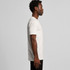A white organic t-shirt displayed on a model in profile view, showcasing its simple design and fit.