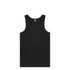 A black singlet featuring a simple design and a logo, made from lightweight material.