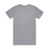 A grey t-shirt featuring short sleeves and a simple design, with a logo on the back.