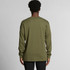 A long-sleeve tee in olive green with a simple design and a logo on the back.