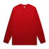 A long-sleeve red t-shirt with a plain design and a logo on the neckline.