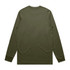 A long-sleeve t-shirt in olive green with a simple design and back view. It features a logo on the back.