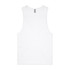 A white singlet tank top featuring a logo, designed for casual wear.