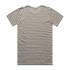 A striped t-shirt in brown and white with short sleeves and a round neckline, featuring a branding logo.