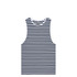 A striped singlet in navy blue and white, featuring a round neckline and a branding label.