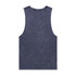 A stone wash tank top in a dark blue hue, featuring a sleeveless design and a brand logo.