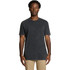 A black stone wash T-shirt featuring a round neckline and short sleeves. It has a logo on it.