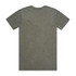 A khaki green T-shirt with a simple design and a logo on the back. It's made from stone-washed fabric.