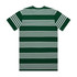 A green T-shirt featuring classic white quad stripes and a logo on the back.