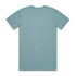 A faded teal t-shirt displayed from the back, featuring a simple design and a small logo.