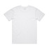 A plain white t-shirt with short sleeves, featuring a logo on the back.
