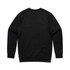A black jumper features a simple and smooth design with a round neckline and long sleeves. It has a logo on the back.