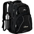 A black 34L backpack with multiple pockets, a drink bottle holder, and a logo.