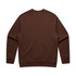 A brown sweater with long sleeves and a crew neckline. Features a plain back and includes a logo.