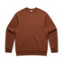 A brown jumper with a classic crew neck design and long sleeves, featuring a logo on the neckline.
