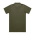A plain olive green polo shirt featuring a collar and short sleeves, with a branding logo on the back.