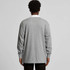 A grey rugby jersey featuring a white collar and long sleeves. The back view highlights the relaxed fit and design.