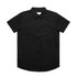A black short-sleeved work shirt featuring two chest pockets and a collar, with a logo on the label.