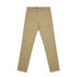 Tan slacks featuring a straight-leg design with front pockets and a logo on the waistband.