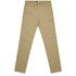 A pair of beige standard pants with a sleek, tailored fit and a logo on the waistband.