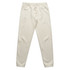 Light cream track pants with an elastic waistband and cuffs, featuring a branding logo.