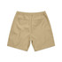 Khaki walk shorts with an elastic waistband, featuring two back pockets and a logo on the waistband.