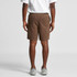 Brown cord shorts featuring a logo and back pockets, viewed from the back on a model.