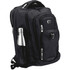A black laptop backpack with multiple compartments, featuring a side pocket for a drink bottle. It has a logo on the front.