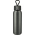 A drink bottle with a sleek black finish, featuring a carry loop and a logo on the cap.