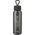 A drink bottle in matte grey with a black cap and a handle, featuring a branding logo.
