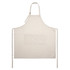 A linen apron in a light beige colour featuring a front pocket and adjustable neck strap. It has a logo on it.