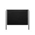 A black linen half apron with ties on the sides and a pocket in the front. It features a logo.