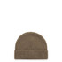 A brown knitted beanie with a folded brim, featuring a logo on the side.